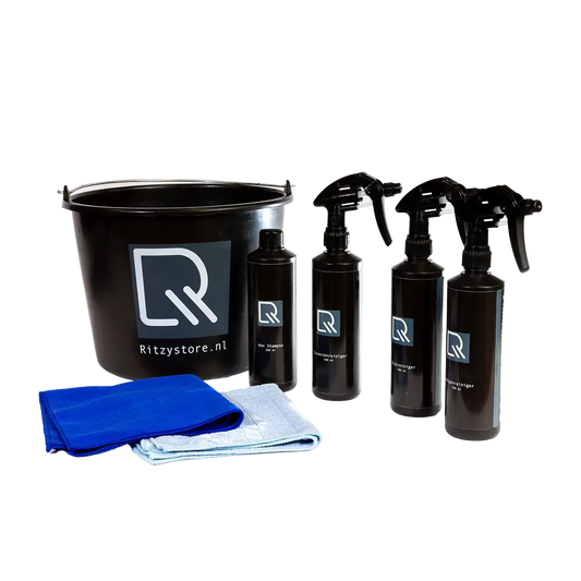 Ritzy Bundel compleet Blauw: Emmer, wax shampoo, velgenreiniger, insectenreiniger, glasreiniger, microvezeldoek & glasdoek