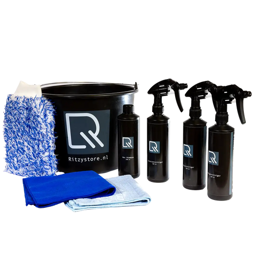 Ritzy Bundel compleet Blauw: Emmer, wax shampoo, velgenreiniger, insectenreiniger, glasreiniger, washandschoend, microvezeldoek & glasdoek