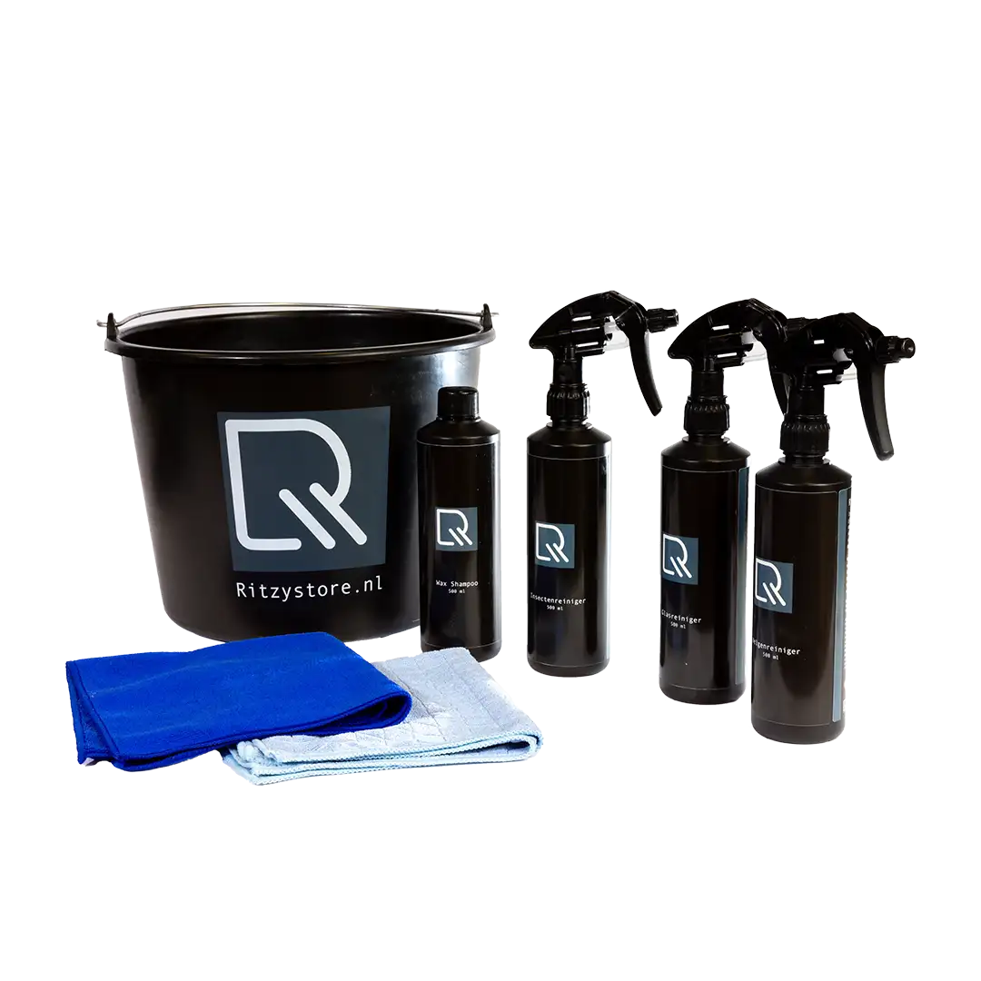 Ritzy Bundel compleet Blauw: Emmer, wax shampoo, velgenreiniger, insectenreiniger, glasreiniger, microvezeldoek & glasdoek